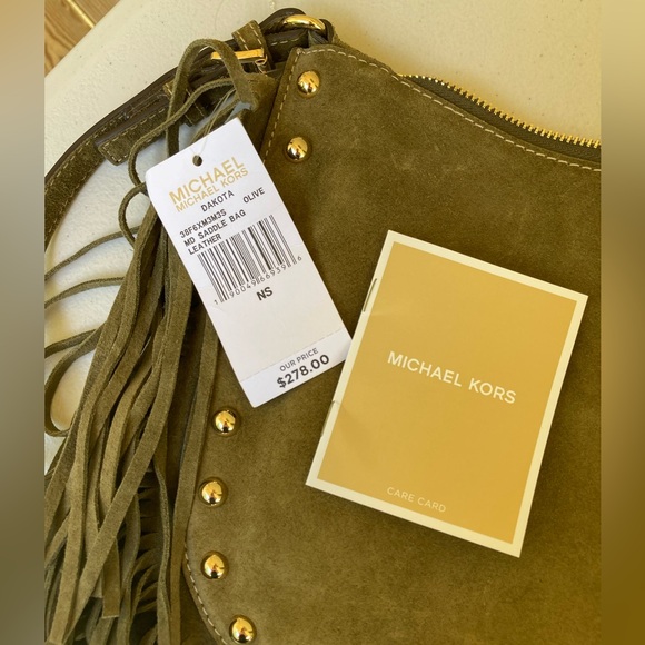Michael Kors Dakota Olive Green Suede Leather Saddle Bag Long Fringe Gold Studs - Picture 12 of 17